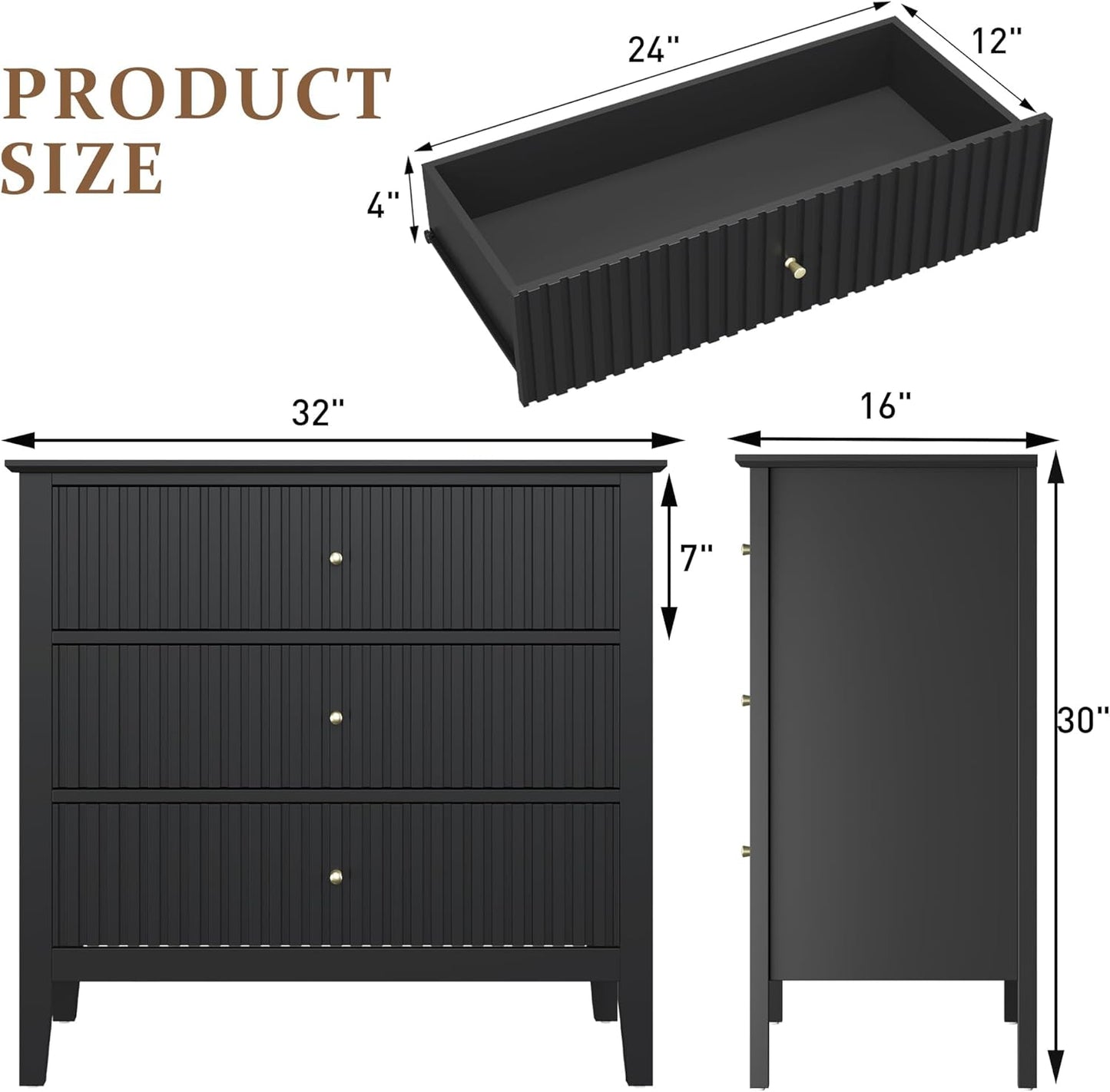 Black Fluted Oversized Nightstands - Set of 2 | Modern Bedroom Furniture