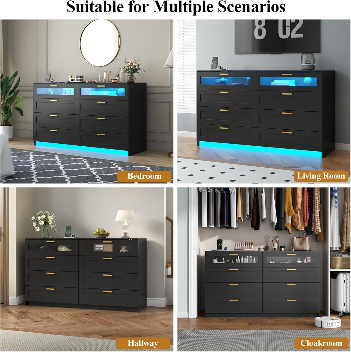 8-Drawer LED Dresser with Charging Station – Black