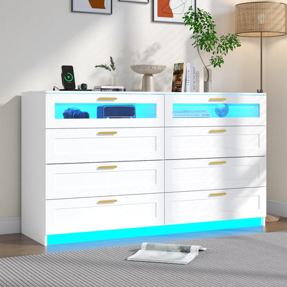 8-Drawer LED Dresser with Charging Station – White