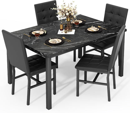 5-Piece Faux Marble Dining Set – Black & Black
