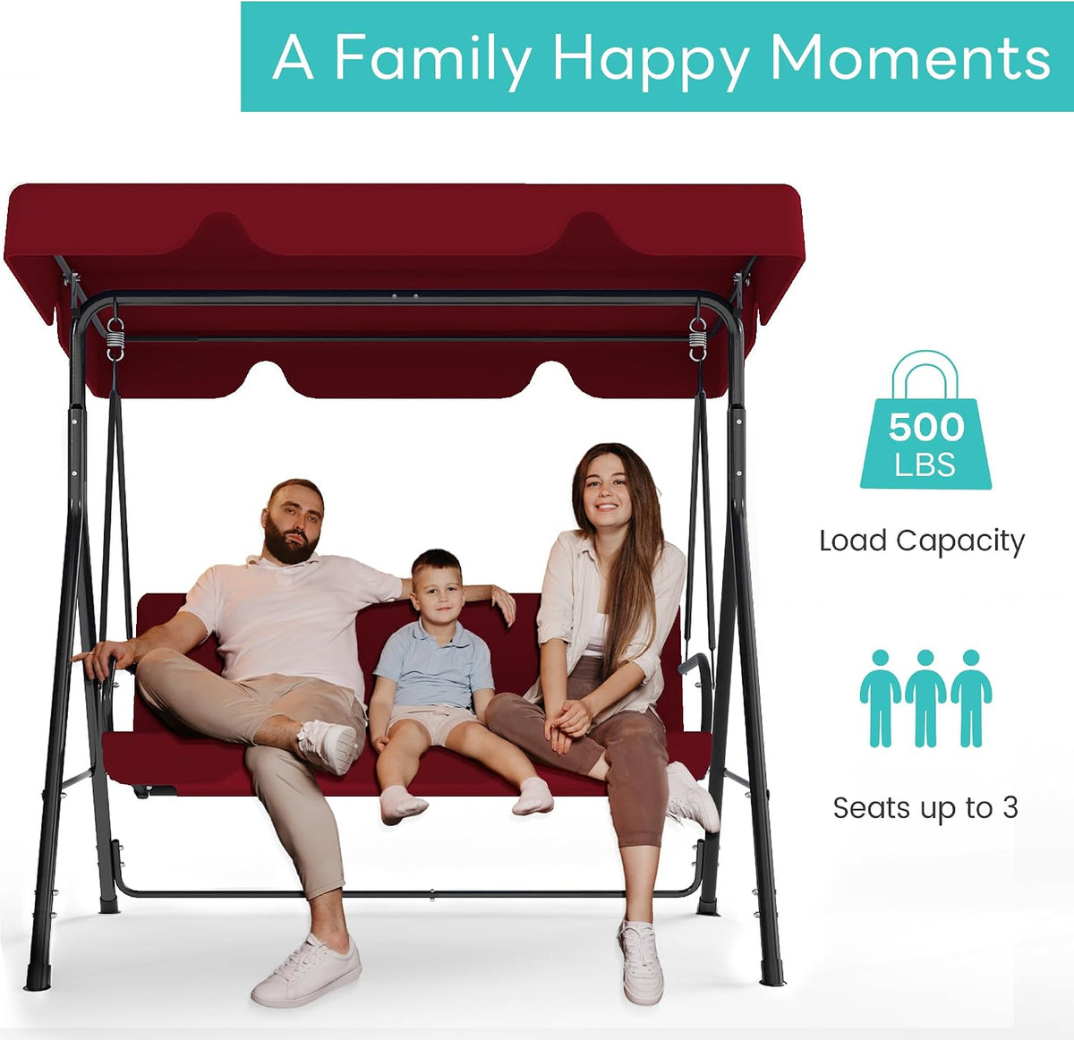 3-Seat Patio Swing with Canopy – Red