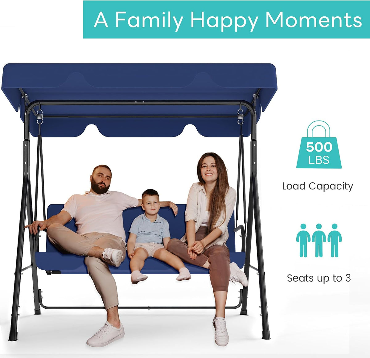 3-Seat Patio Swing with Canopy – Blue