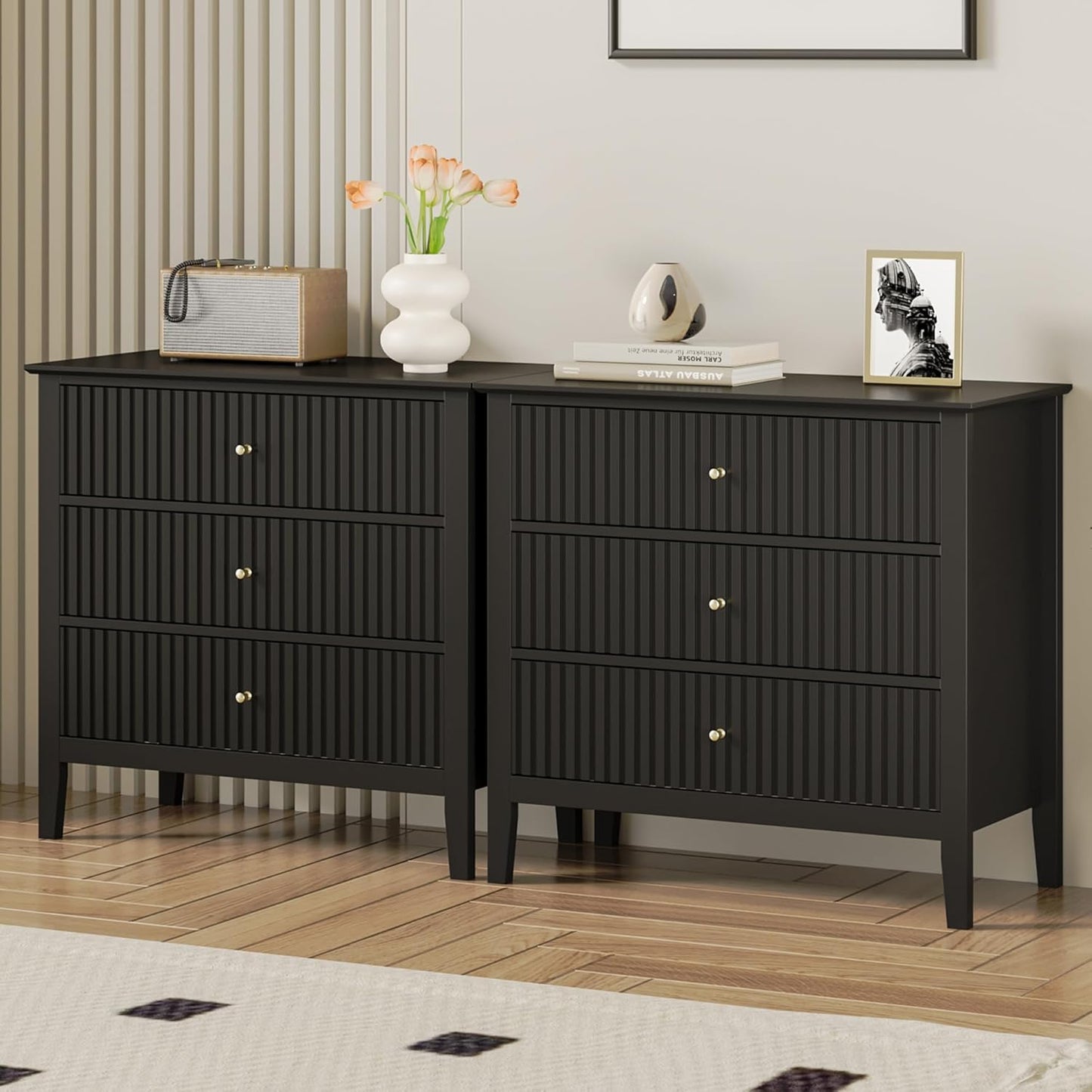 Black Fluted Oversized Nightstands - Set of 2 | Modern Bedroom Furniture