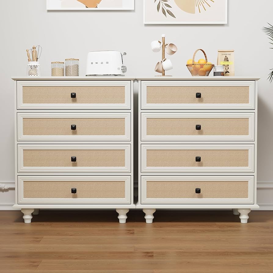 4-Drawer Modern White Farmhouse Dresser – Natural Rattan Fronts