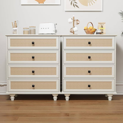 4-Drawer Modern White Farmhouse Dresser – Natural Rattan Fronts