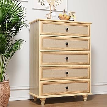 5-Drawer Modern Farmhouse Dresser – Natural Rattan Fronts