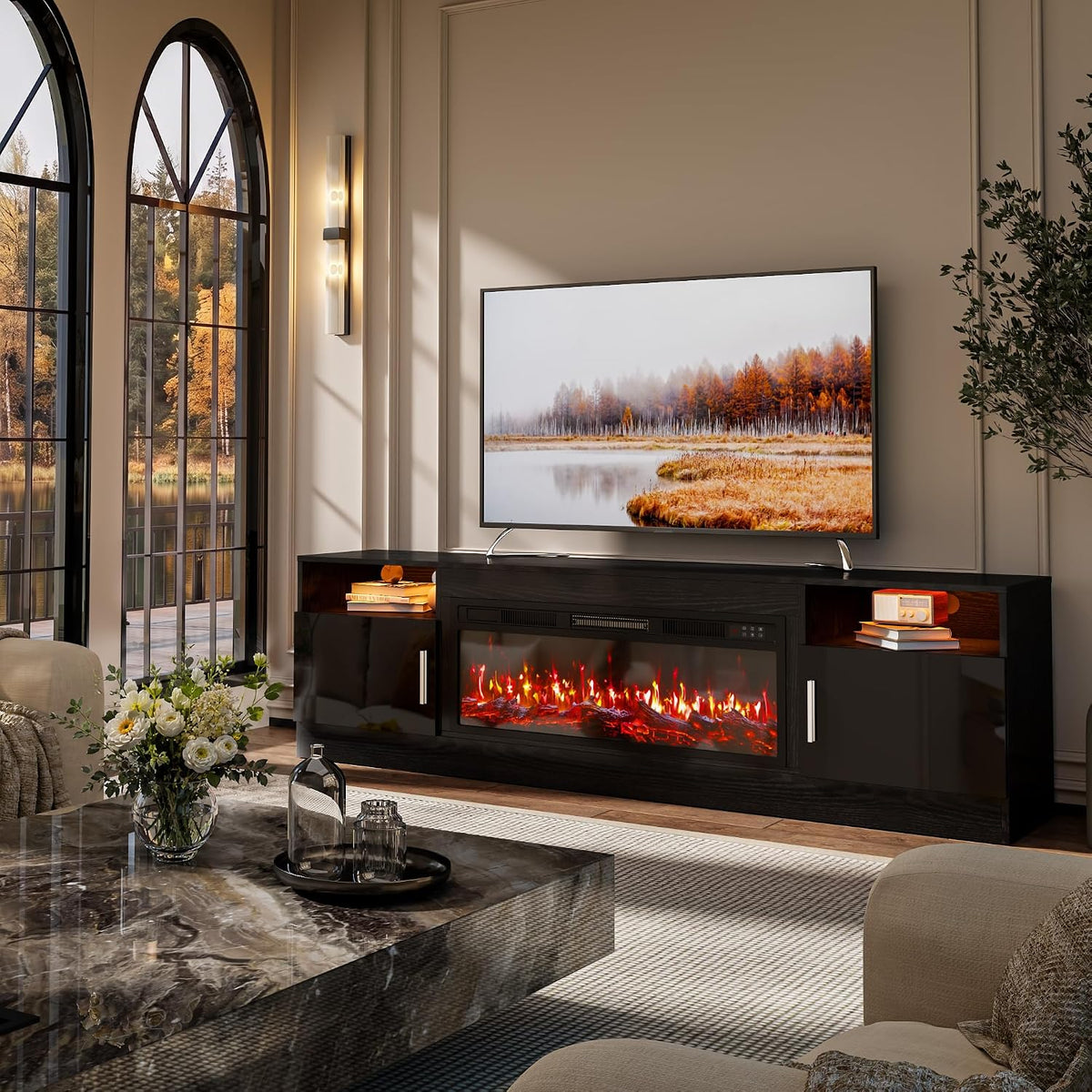 70-Inch Fireplace TV Stand – Black