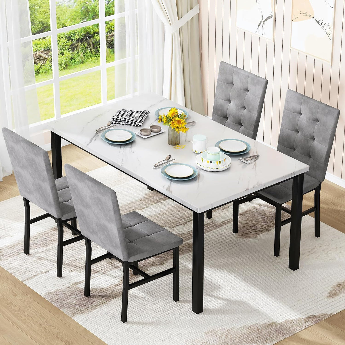 5-Piece Faux Marble Dining Set – White & Grey