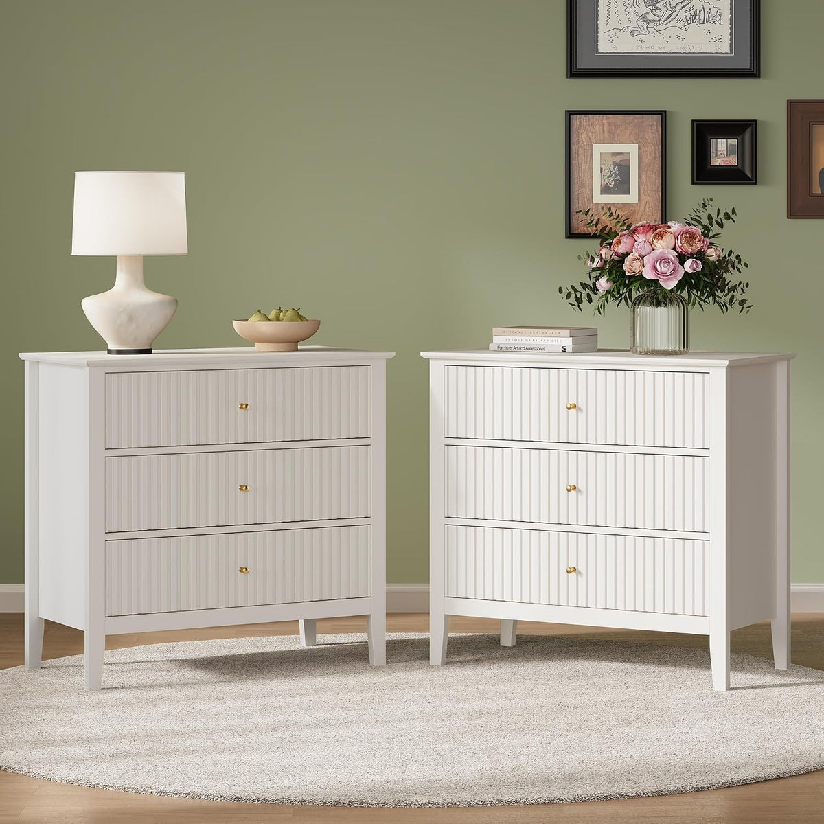 Fluted Oversized Nightstand – White – Set of 2