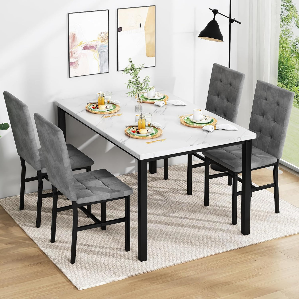 5-Piece Faux Marble Dining Set – White & Grey