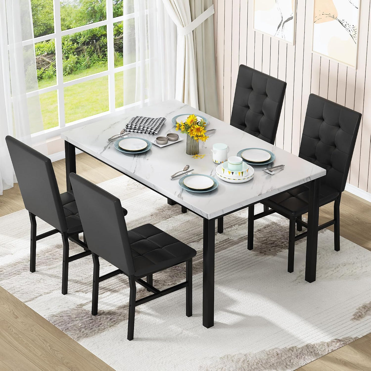 5-Piece Faux Marble Dining Set – White & Black