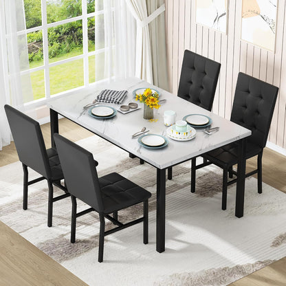 5-Piece Faux Marble Dining Set – White & Black