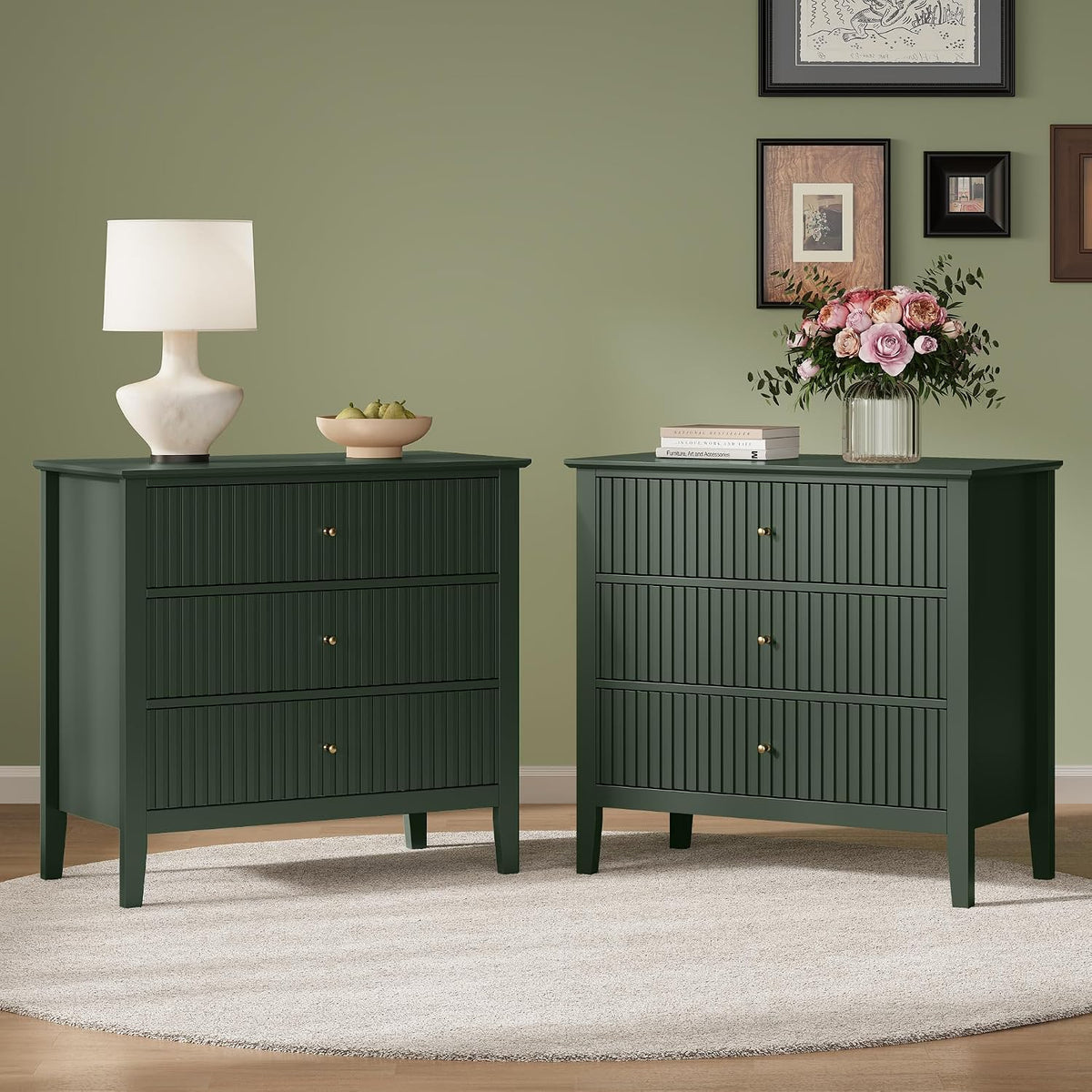 Fluted Oversized Nightstand – Green – Set of 2