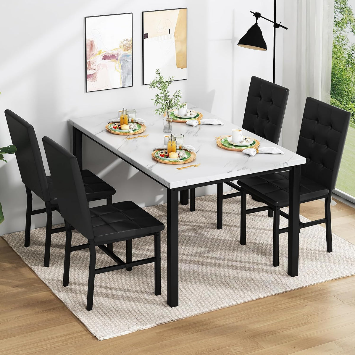 5-Piece Faux Marble Dining Set – White & Black
