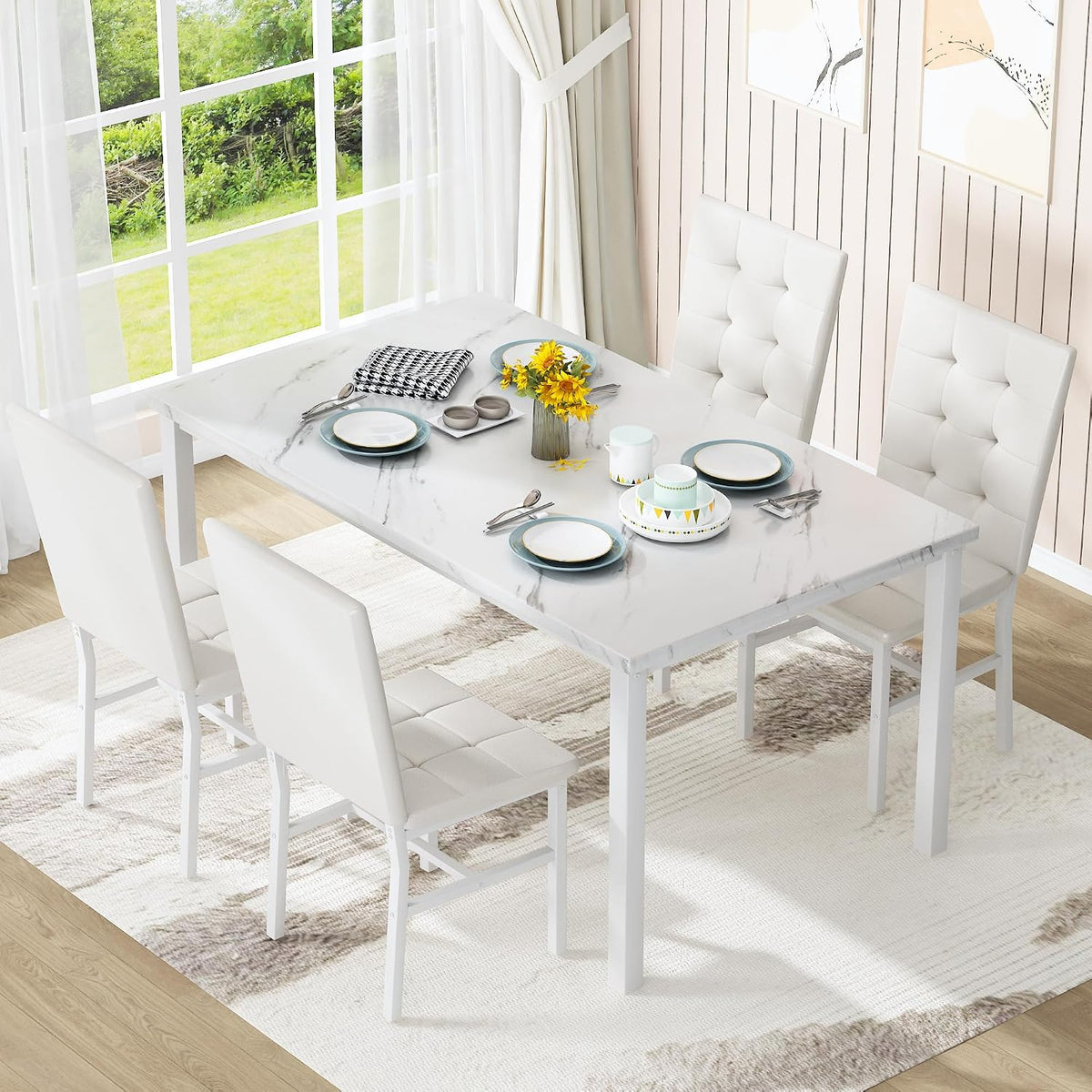 5-Piece Faux Marble Dining Set – White & White