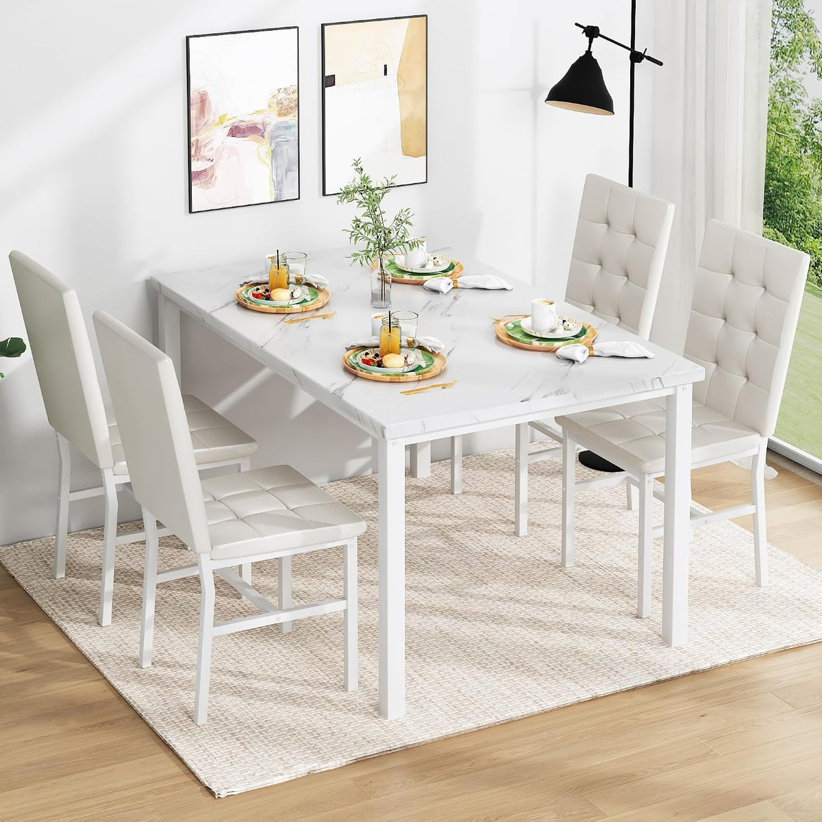 5-Piece Faux Marble Dining Set – White & White