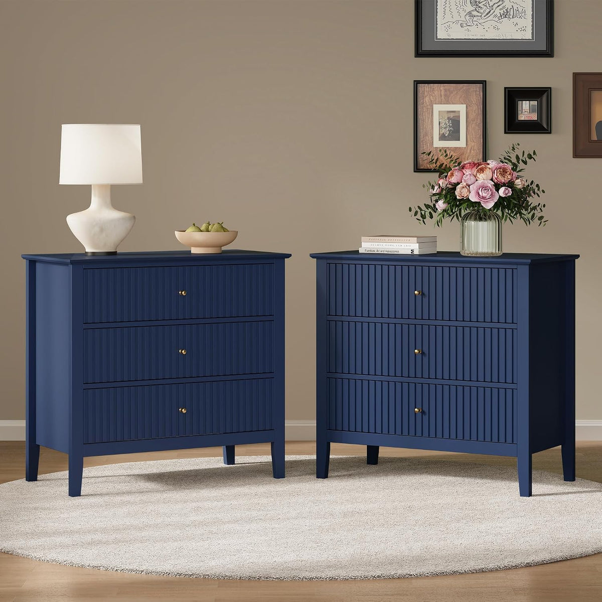 Fluted Oversized Nightstand – Blue – Set of 2