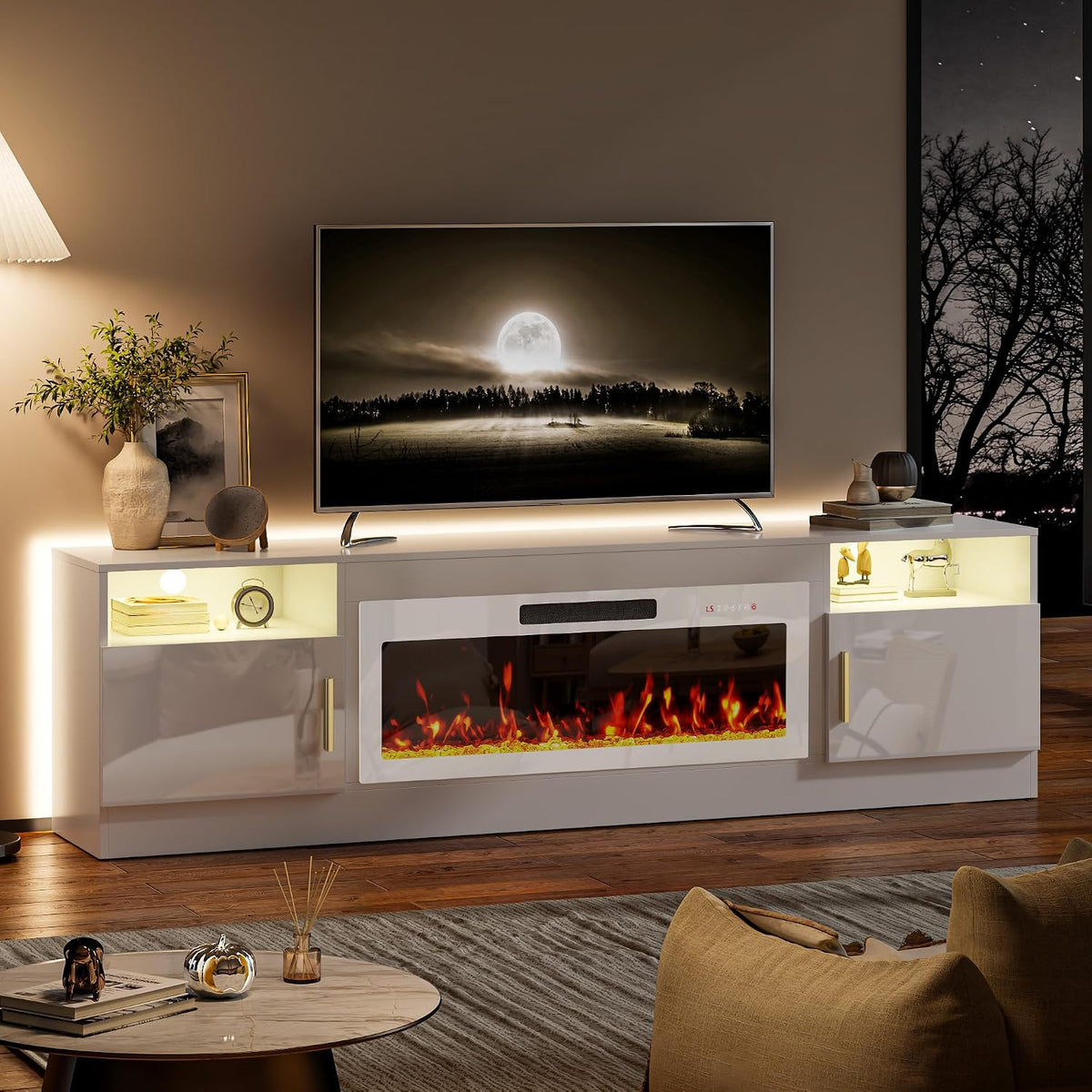 70-Inch Fireplace TV Stand – White with White Fireplace