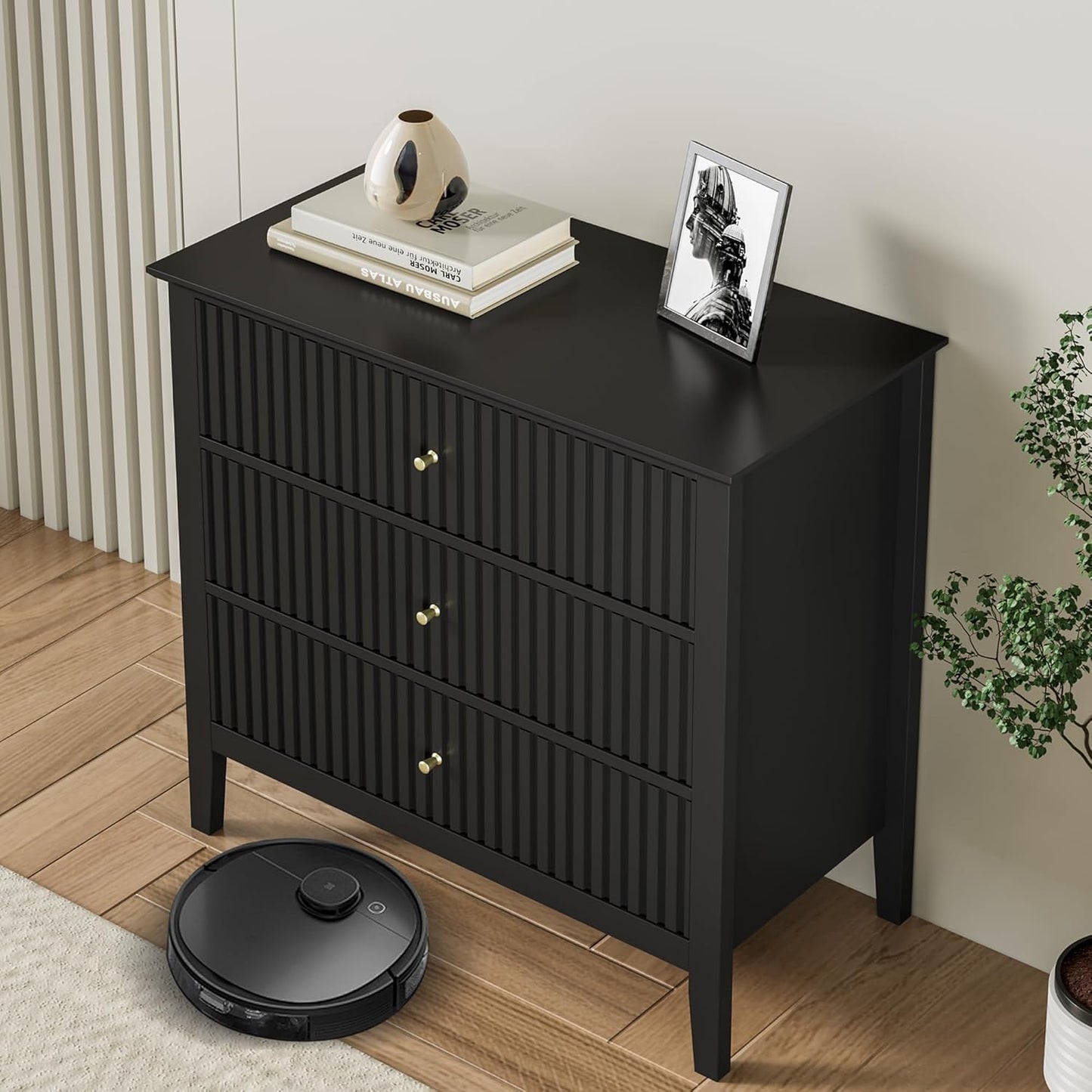 Black Fluted Oversized Nightstands - Set of 2 | Modern Bedroom Furniture