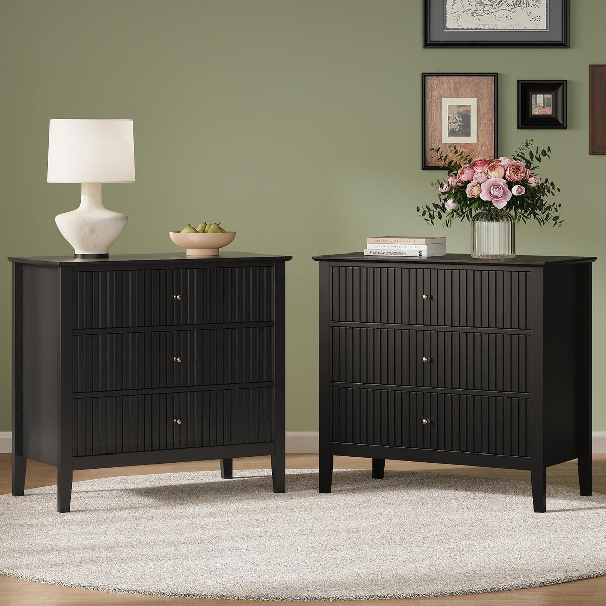 Fluted Oversized Nightstand – Black – Set of 2