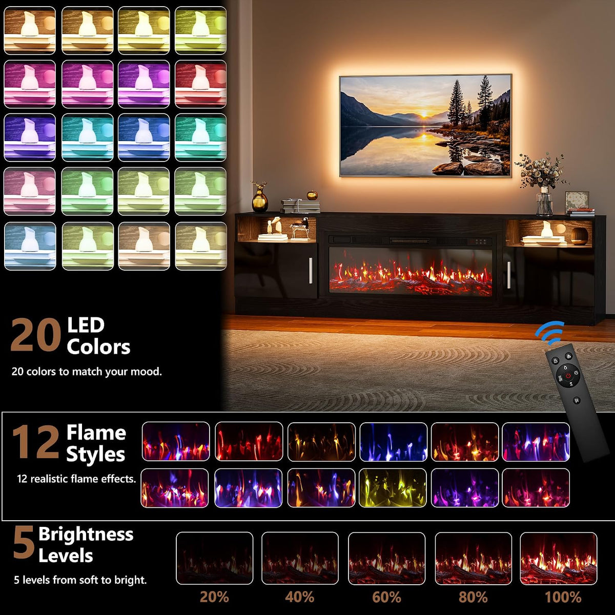 70-Inch Fireplace TV Stand – Black