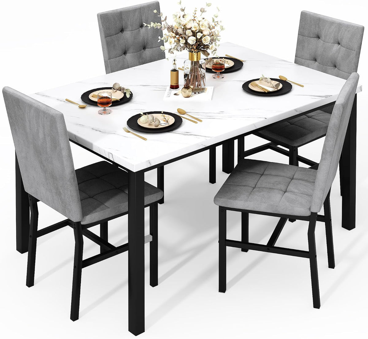 5-Piece Faux Marble Dining Set – White & Grey