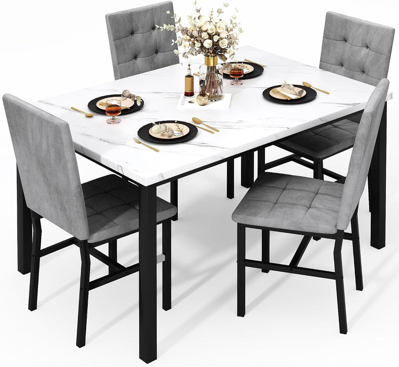 5-Piece Faux Marble Dining Set – White & Grey