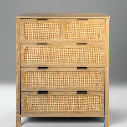 Natural Wood & Cane 4-Drawer Dresser