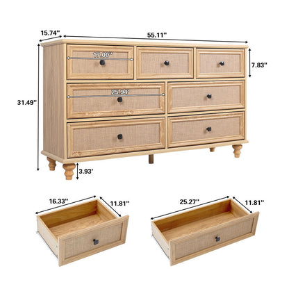 7-Drawer Modern Farmhouse Dresser – Natural Rattan Fronts