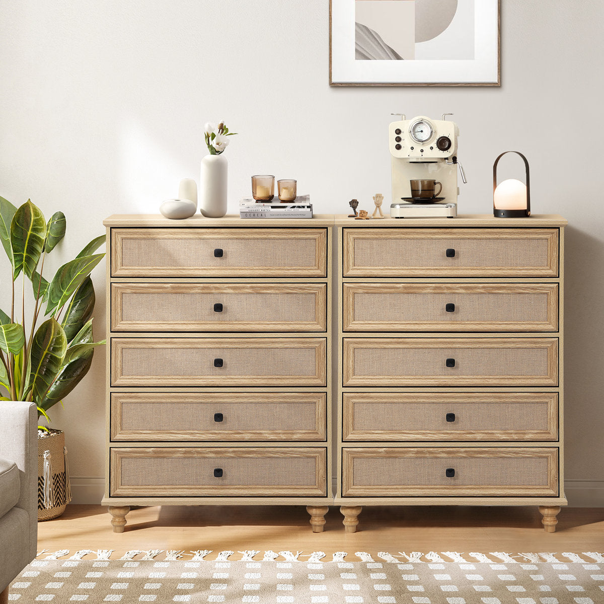5-Drawer Modern Farmhouse Dresser – Natural Rattan Fronts
