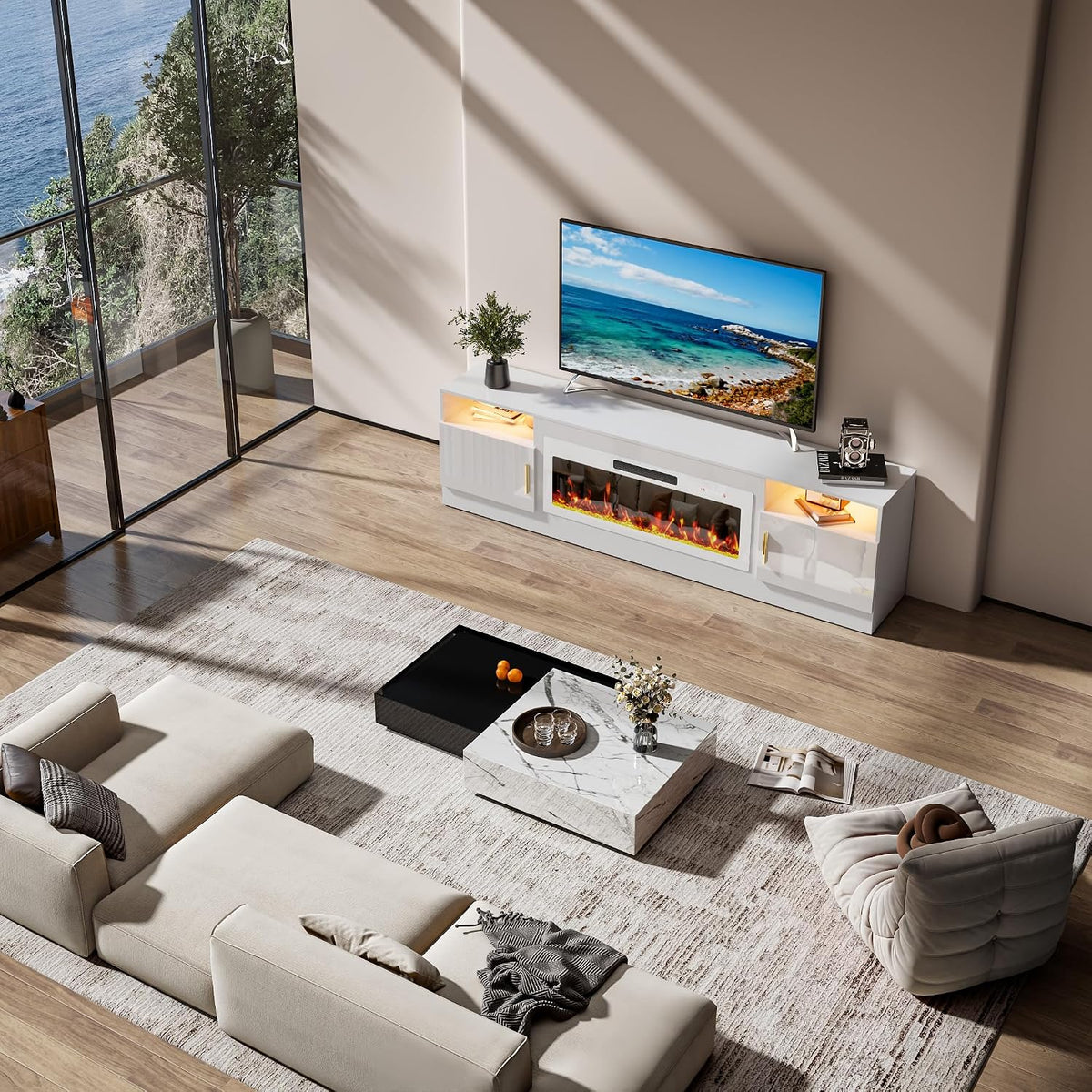 70-Inch Fireplace TV Stand – White with White Fireplace