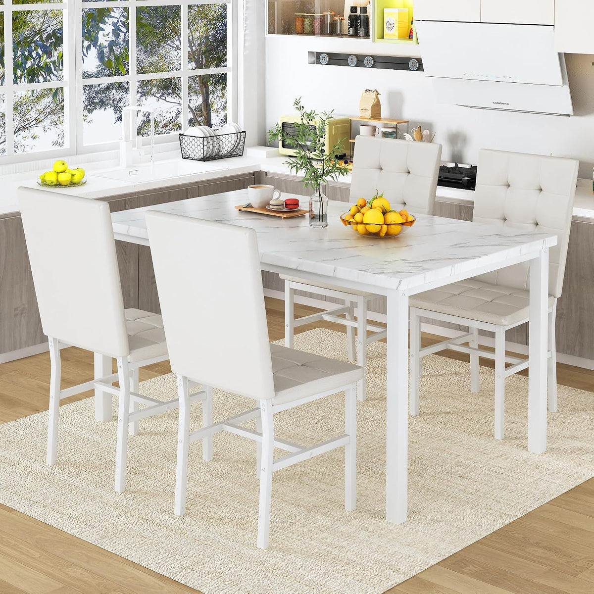 5-Piece Faux Marble Dining Set – White & White