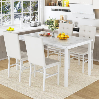 5-Piece Faux Marble Dining Set – White & White