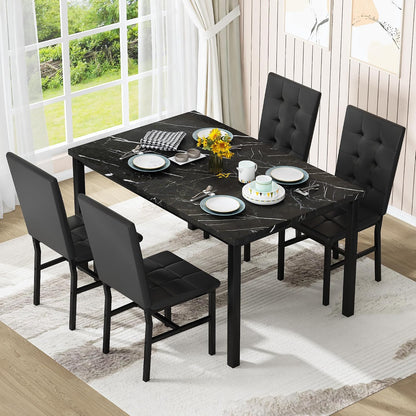 5-Piece Faux Marble Dining Set – Black & Black