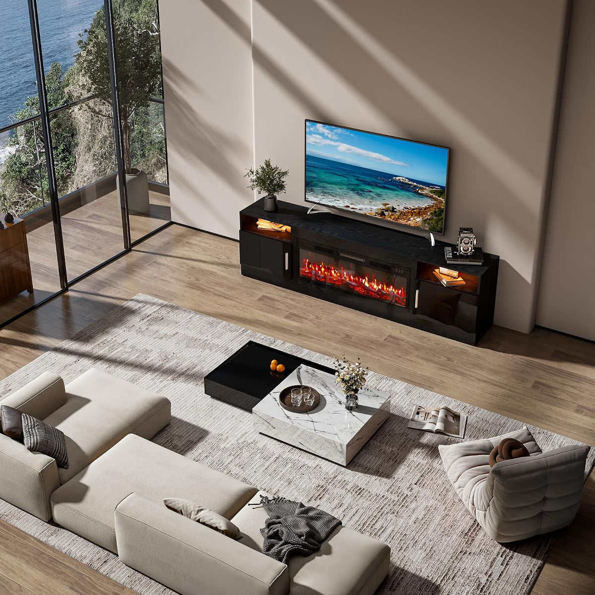 70-Inch Fireplace TV Stand – Black