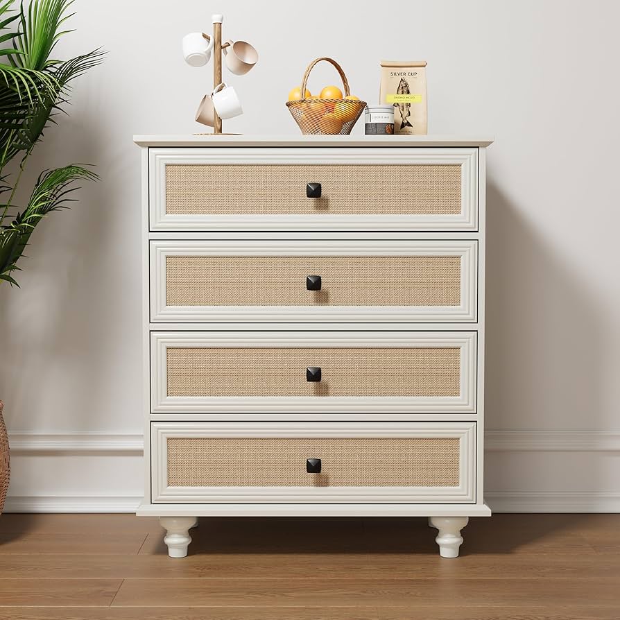 4-Drawer Modern White Farmhouse Dresser – Natural Rattan Fronts