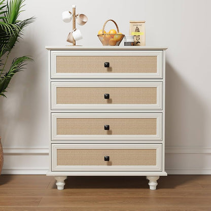 4-Drawer Modern White Farmhouse Dresser – Natural Rattan Fronts