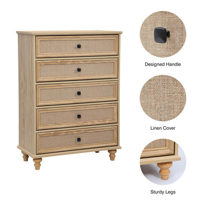 5-Drawer Modern Farmhouse Dresser – Natural Rattan Fronts