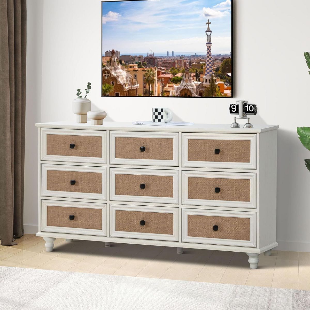 9-Drawer Modern White Farmhouse Dresser – Natural Rattan Fronts