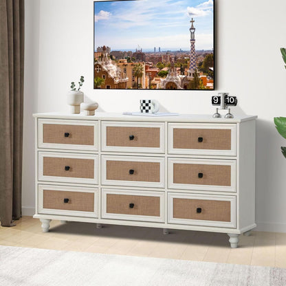 9-Drawer Modern White Farmhouse Dresser – Natural Rattan Fronts