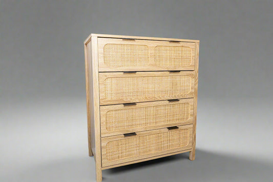 Natural Wood & Cane 4-Drawer Dresser