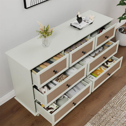 7-Drawer Modern White Farmhouse Dresser – Natural Rattan Fronts