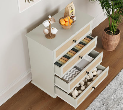 4-Drawer Modern White Farmhouse Dresser – Natural Rattan Fronts