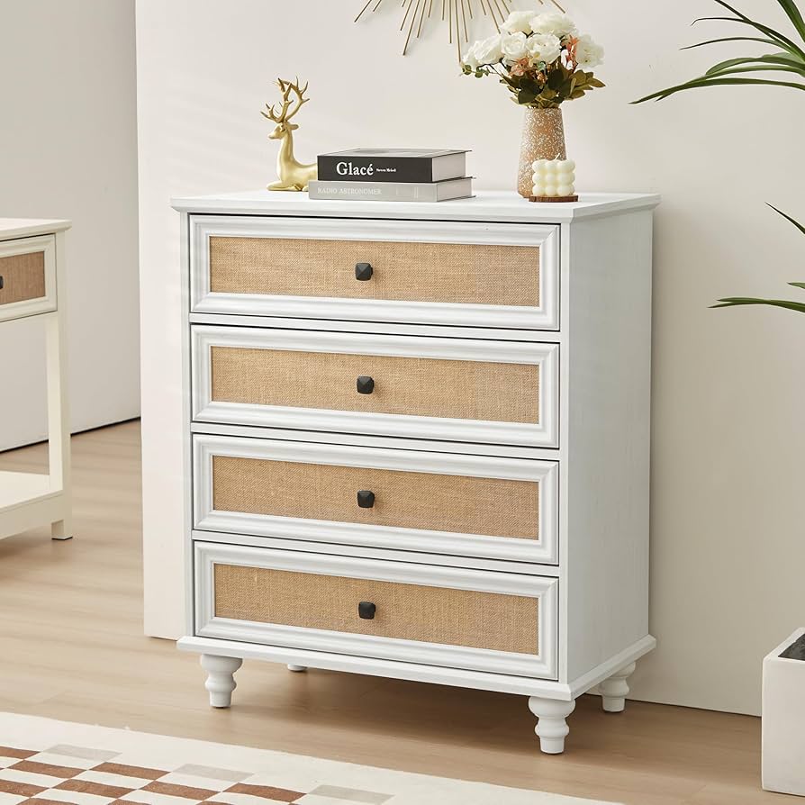 4-Drawer Modern White Farmhouse Dresser – Natural Rattan Fronts
