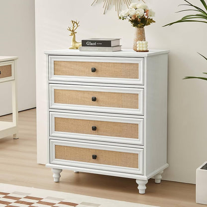 4-Drawer Modern White Farmhouse Dresser – Natural Rattan Fronts