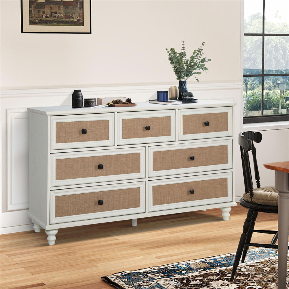 7-Drawer Modern White Farmhouse Dresser – Natural Rattan Fronts
