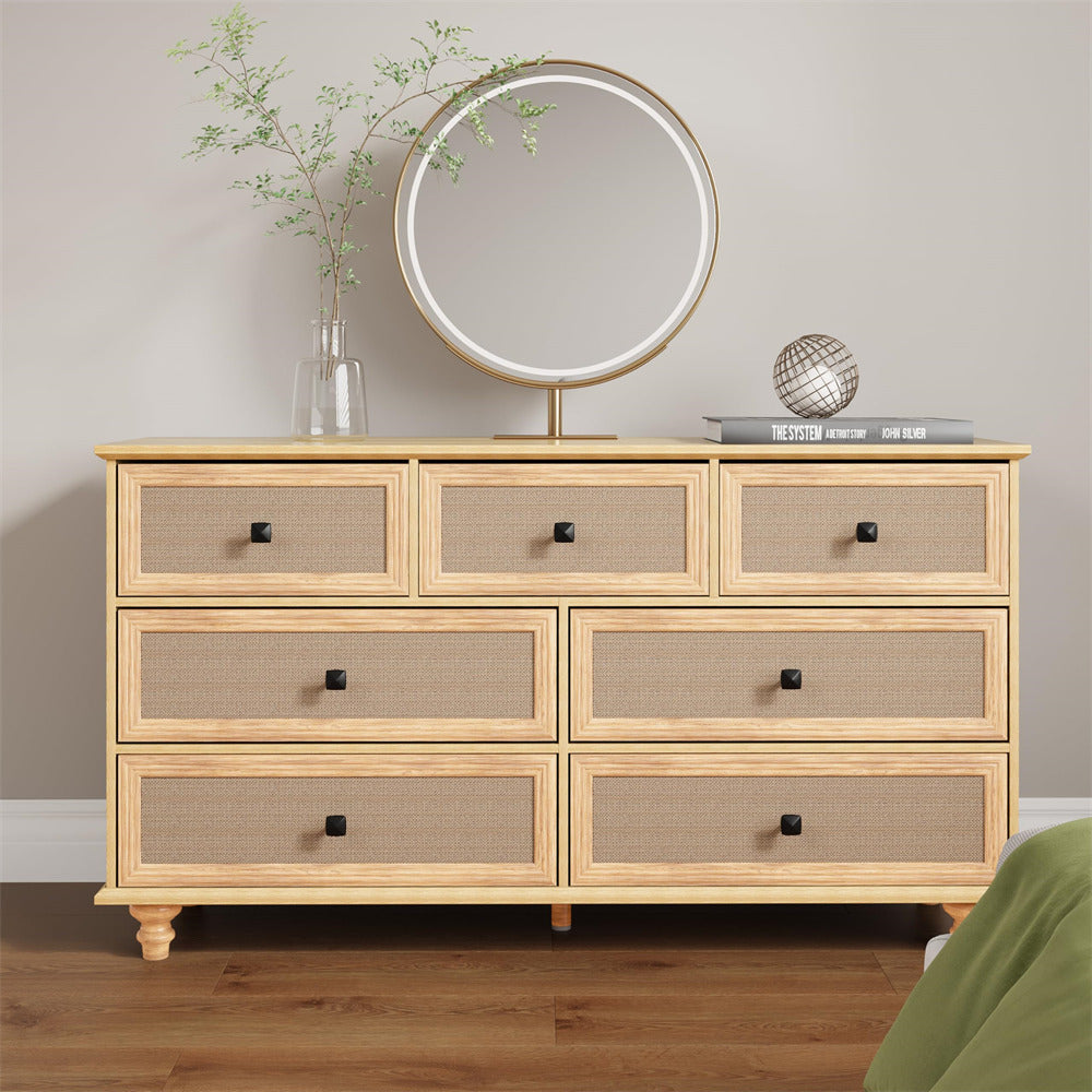 7-Drawer Modern Farmhouse Dresser – Natural Rattan Fronts