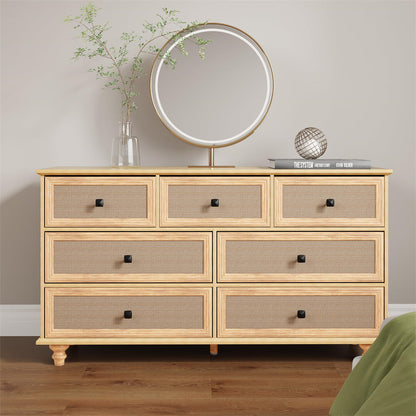 7-Drawer Modern Farmhouse Dresser – Natural Rattan Fronts