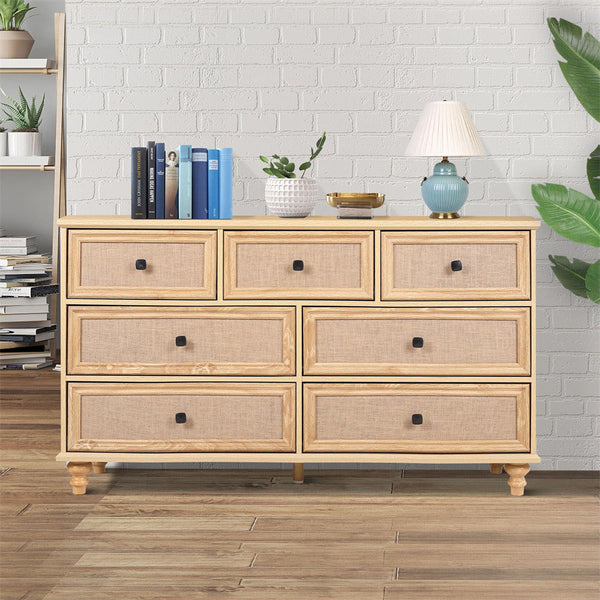 7-Drawer Modern Farmhouse Dresser – Natural Rattan Fronts
