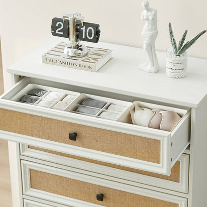 4-Drawer Modern White Farmhouse Dresser – Natural Rattan Fronts